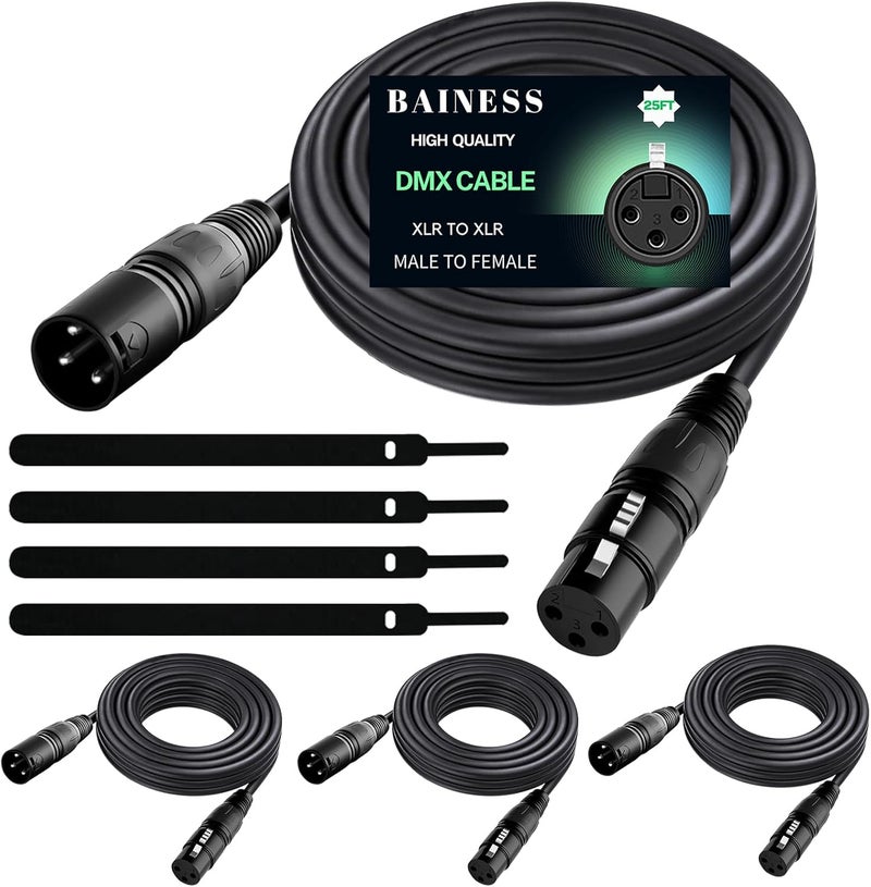 BAINESS 25ft Flexible DMX Cable 3 Pin Signal XLR Male to Female DMX Cables Wire for Stage Lighting, DJ Lights, Moving Head & Par LED Fixtures, Black, 4 Pack - Image 1